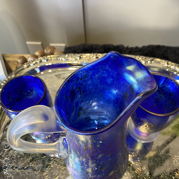 Hand Blown Venetian Italian Art Glass pitcher and glasses set Blue Color signed - Picture 6 of 14